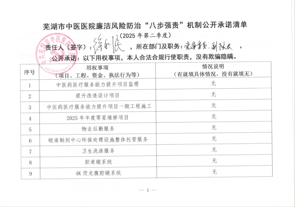 蕪湖市中醫(yī)醫(yī)院廉潔風(fēng)險防治“八步強責(zé)”機制公開承諾清單（分管負(fù)責(zé)同志）(圖1)